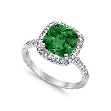 Halo Engagement Ring Accent Cushion Simulated Green Emerald CZ 925 Sterling Silver
